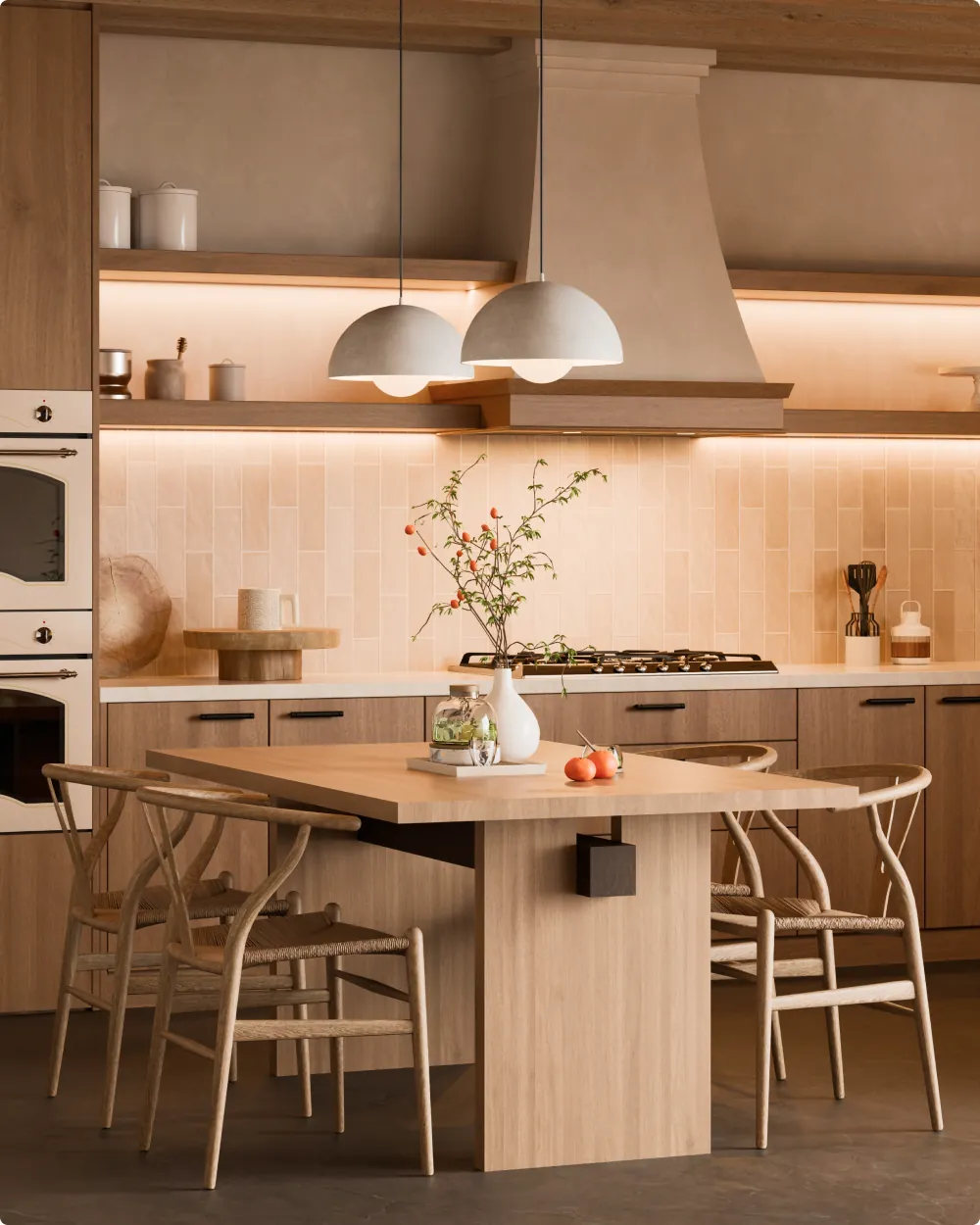 A kitchen beautifully well lit with warm light